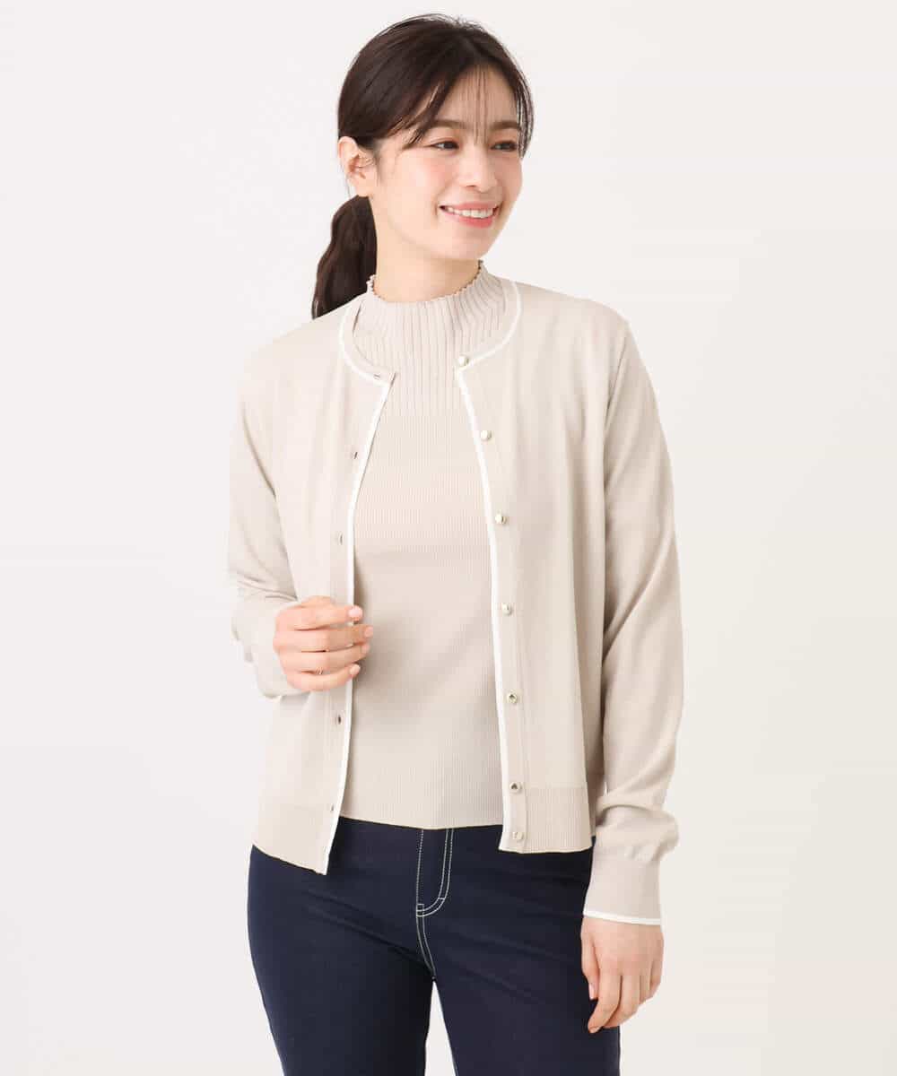 FIFFD03100 OFUON le MK(オフオン　ル　エムケー) 配色ラインアンサンブル（カーディガン&ニットプルオーバー）/UVカット/洗える/WEB限定サイズあり ライトピンク