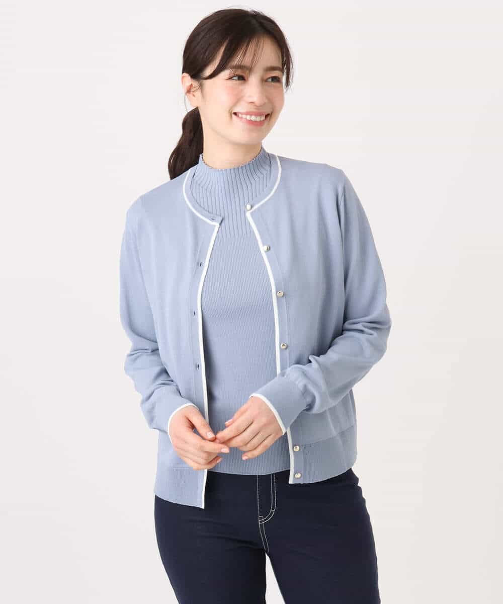 FIFFD03100 OFUON le MK(オフオン　ル　エムケー) 配色ラインアンサンブル（カーディガン&ニットプルオーバー）/UVカット/洗える/WEB限定サイズあり ライトピンク