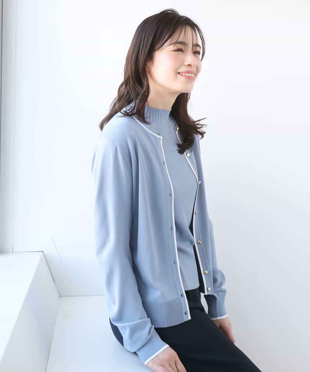 FIFFD03100 OFUON le MK(オフオン　ル　エムケー) 配色ラインアンサンブル（カーディガン&ニットプルオーバー）/UVカット/洗える/WEB限定サイズあり ライトブルー