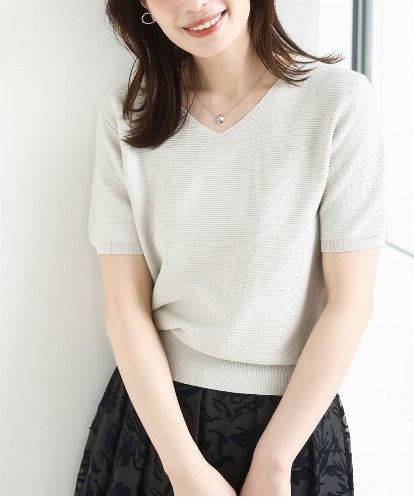 OFUON le MK(オフオン ル エムケー) ガーター編み半袖ラメニット/洗える/WEB限定サイズあり ホワイト/白 36