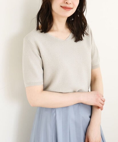 OFUON le MK(オフオン ル エムケー) ガーター編み半袖ラメニット/洗える/WEB限定サイズあり ライトグレー/灰 36