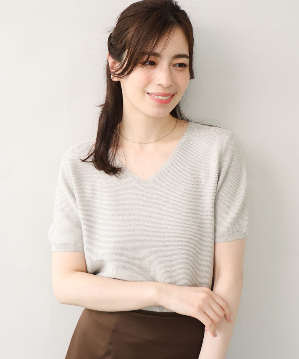 ガーター編み半袖ラメニット/洗える/WEB限定サイズあり(ニット