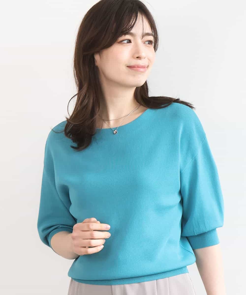 FIFGD02050 OFUON le MK(オフオン　ル　エムケー) ハイゲージ五分袖ニット/接触冷感/洗える/WEB限定サイズあり ターコイズブルー