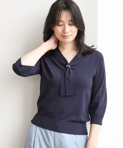 FIFGD20063 OFUON le MK ボウタイデザイン六分袖ニット/接触冷感/洗える/WEB限定サイズあり