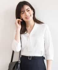 FIFGD20063 OFUON le MK(オフオン　ル　エムケー) ボウタイデザイン六分袖ニット/接触冷感/洗える/WEB限定サイズあり ブルー