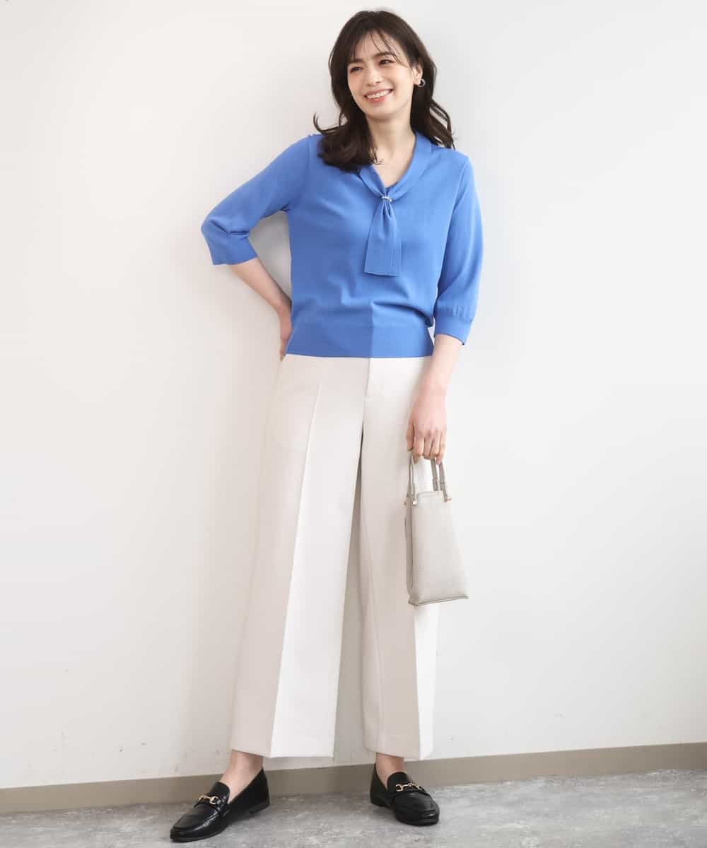 FIFGD20063 OFUON le MK(オフオン　ル　エムケー) ボウタイデザイン六分袖ニット/接触冷感/洗える/WEB限定サイズあり ブルー