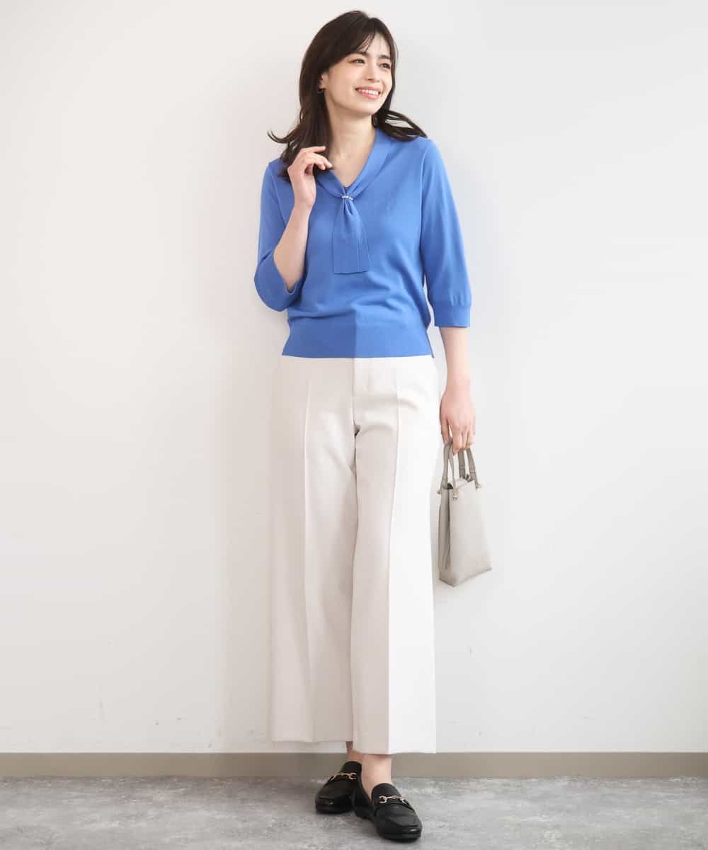 FIFGD20063 OFUON le MK(オフオン　ル　エムケー) ボウタイデザイン六分袖ニット/接触冷感/洗える/WEB限定サイズあり ブルー