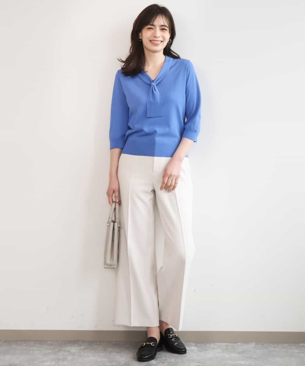 FIFGD20063 OFUON le MK(オフオン　ル　エムケー) ボウタイデザイン六分袖ニット/接触冷感/洗える/WEB限定サイズあり ブルー