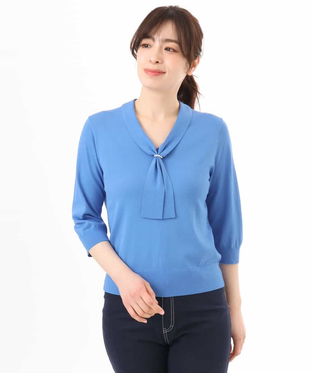 FIFGD20063 OFUON le MK(オフオン　ル　エムケー) ボウタイデザイン六分袖ニット/接触冷感/洗える/WEB限定サイズあり ブルー