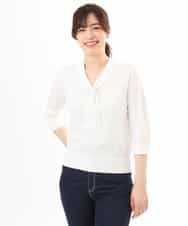 FIFGD20063 OFUON le MK(オフオン　ル　エムケー) ボウタイデザイン六分袖ニット/接触冷感/洗える/WEB限定サイズあり ブルー