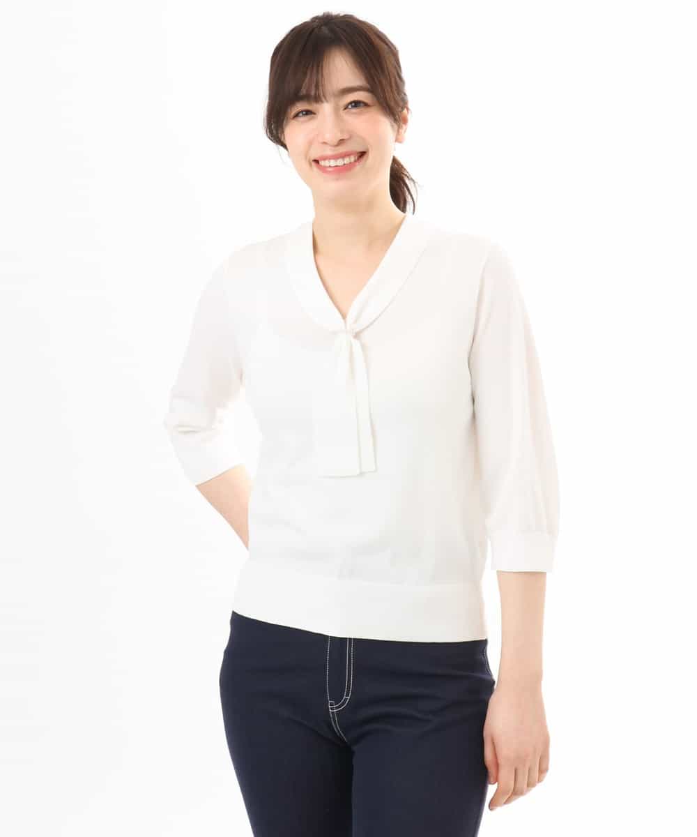 FIFGD20063 OFUON le MK(オフオン　ル　エムケー) ボウタイデザイン六分袖ニット/接触冷感/洗える/WEB限定サイズあり ブルー