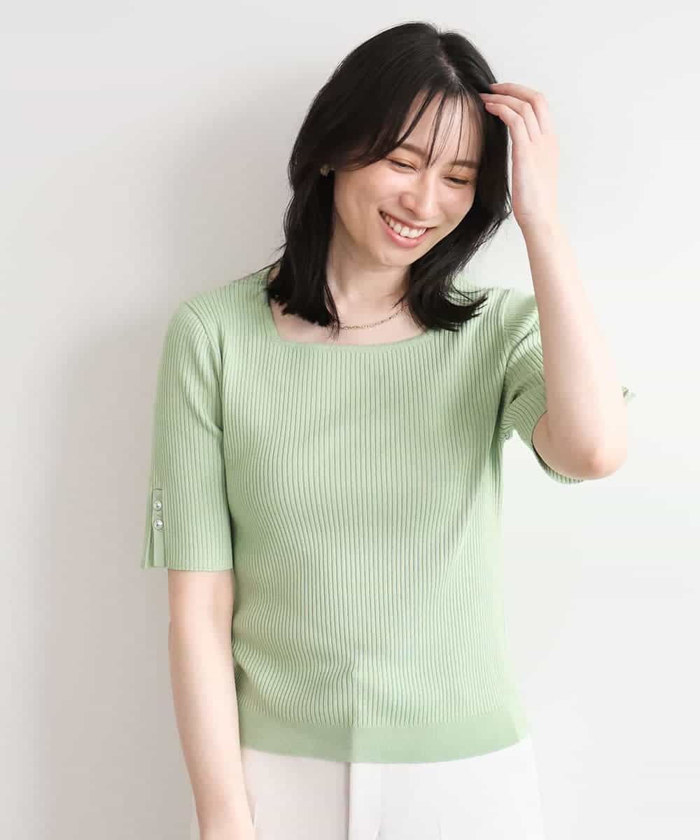 FIFGD26060 OFUON le MK(オフオン　ル　エムケー) スパークナイロン半袖ニット/洗える/アンサンブル対応/WEB限定サイズあり ライトグリーン