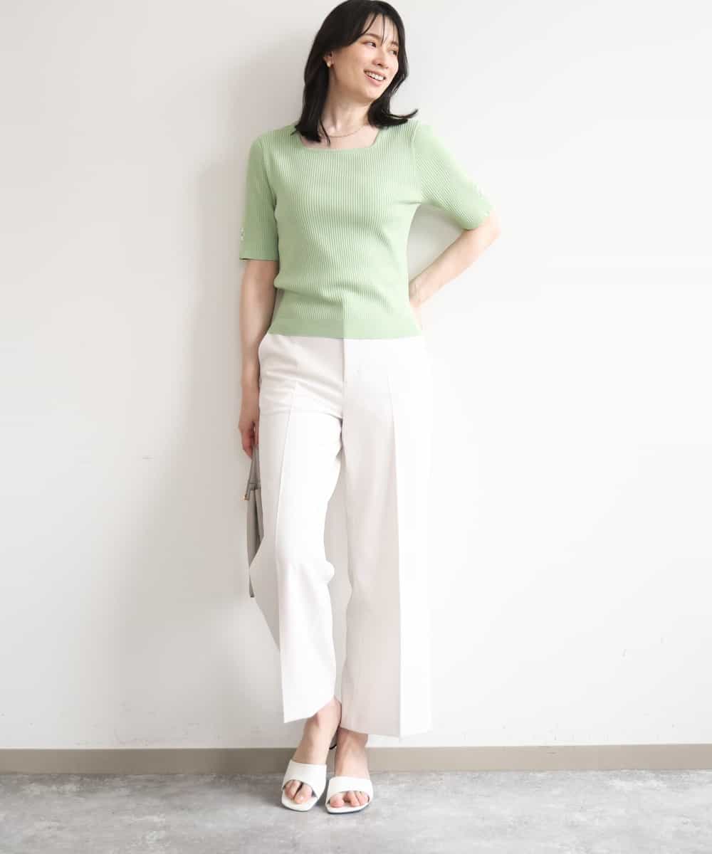 FIFGD26060 OFUON le MK(オフオン　ル　エムケー) スパークナイロン半袖ニット/洗える/アンサンブル対応/WEB限定サイズあり ライトグリーン