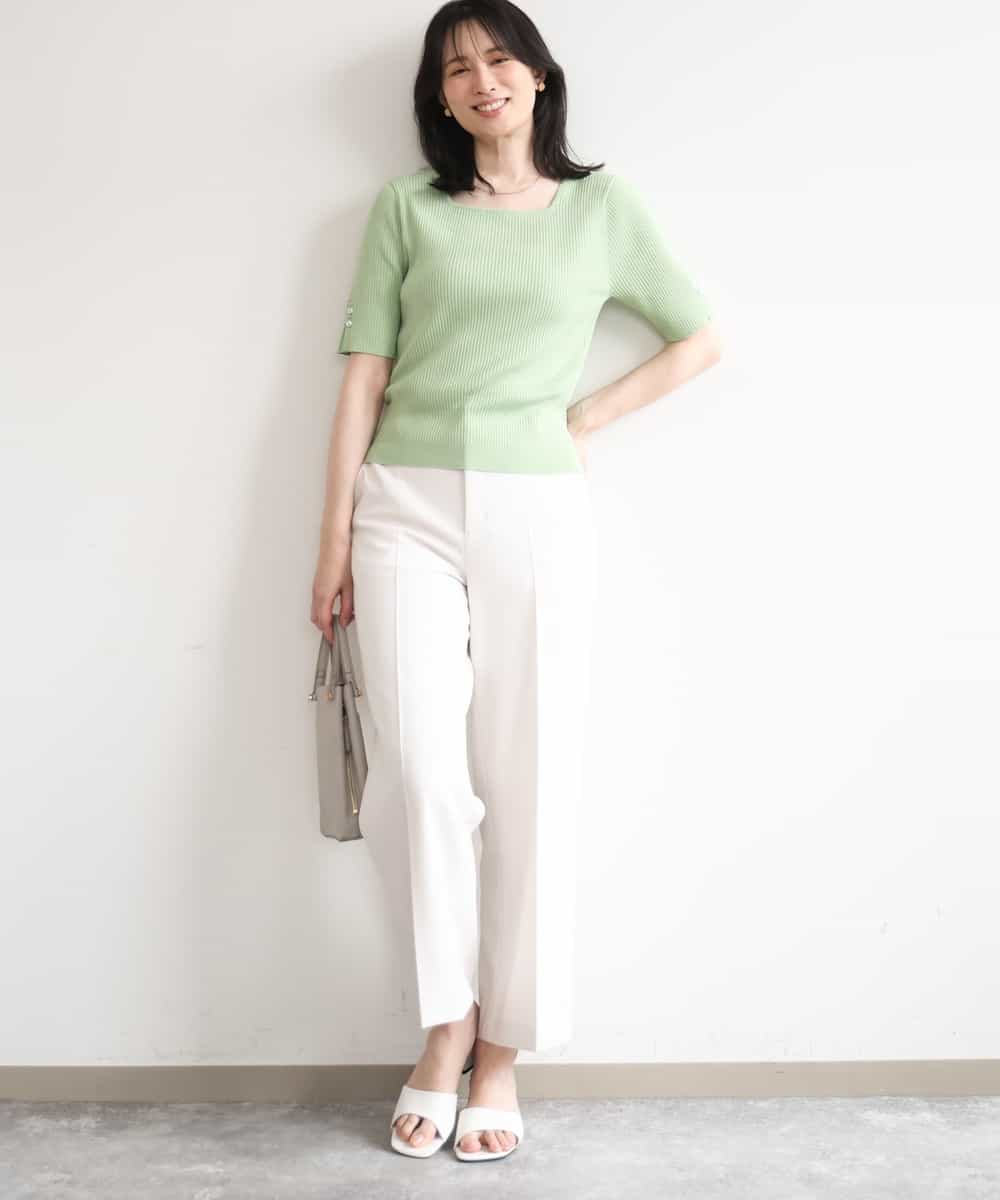 FIFGD26060 OFUON le MK(オフオン　ル　エムケー) スパークナイロン半袖ニット/洗える/アンサンブル対応/WEB限定サイズあり ライトグリーン