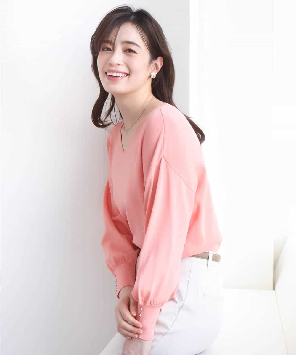 FIFGD43054 OFUON le MK(オフオン　ル　エムケー) ハイゲージVネックニット/接触冷感/UVカット/洗える/WEB限定サイズあり サーモンオレンジ