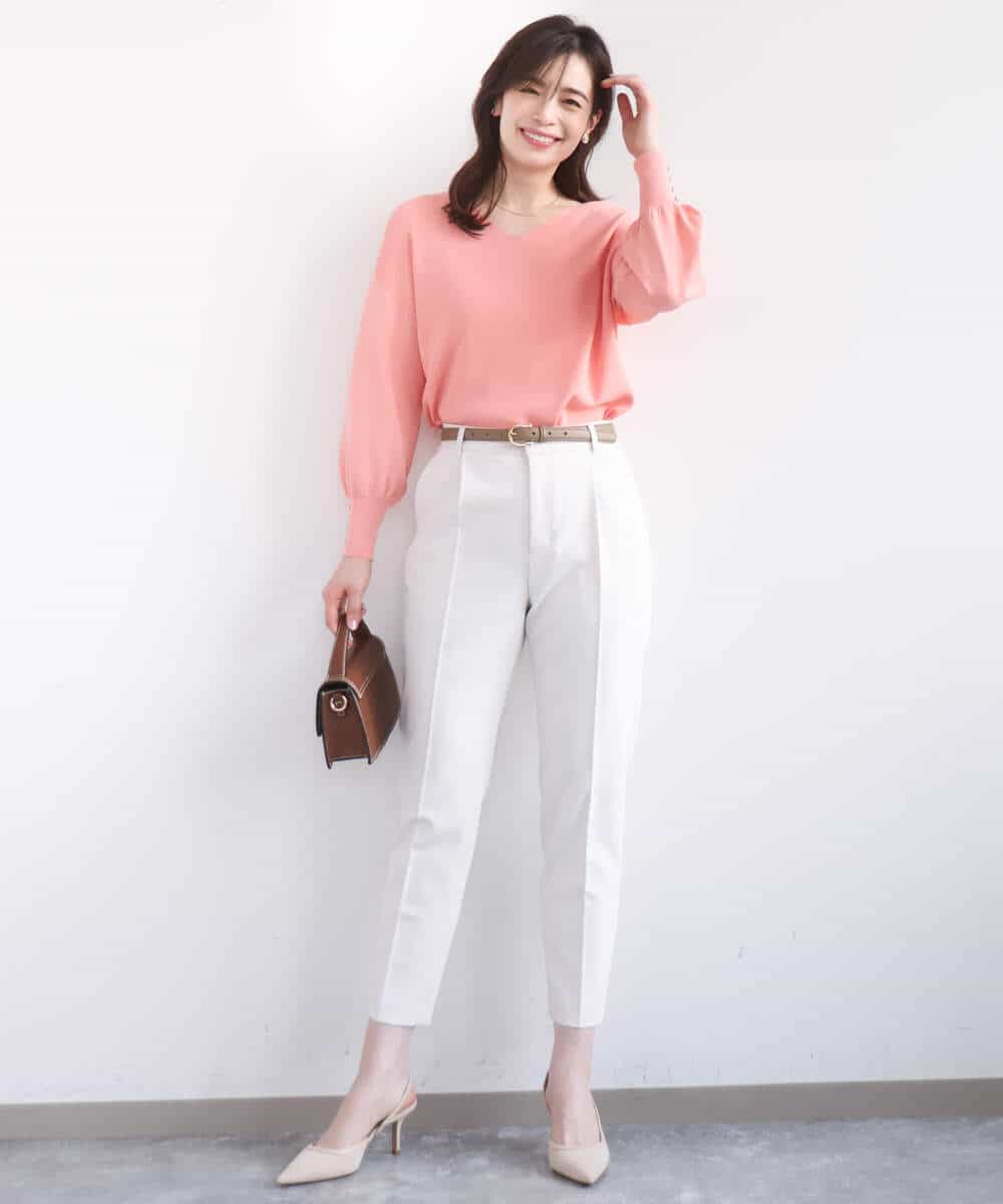 FIFGD43054 OFUON le MK(オフオン　ル　エムケー) ハイゲージVネックニット/接触冷感/UVカット/洗える/WEB限定サイズあり サーモンオレンジ