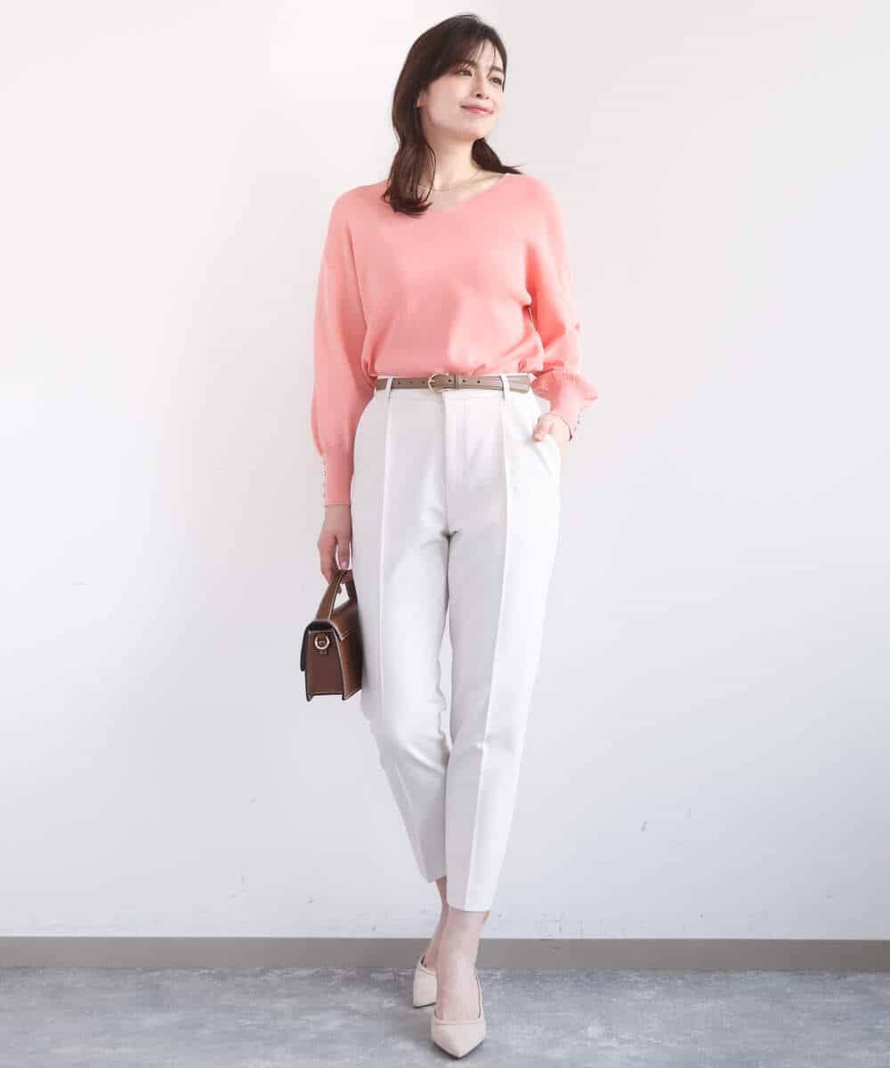 FIFGD43054 OFUON le MK(オフオン　ル　エムケー) ハイゲージVネックニット/接触冷感/UVカット/洗える/WEB限定サイズあり サーモンオレンジ