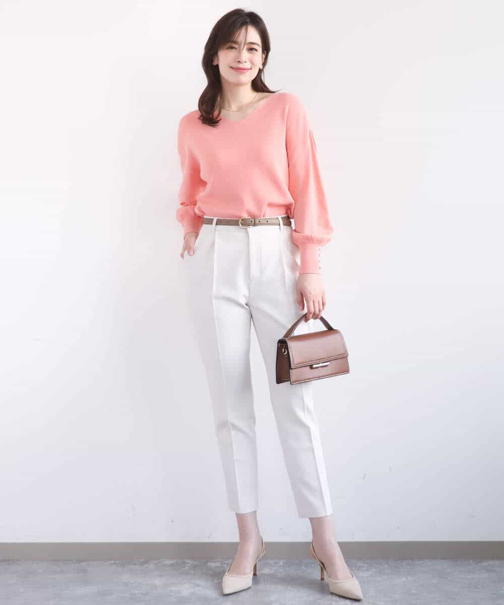 FIFGD43054 OFUON le MK(オフオン　ル　エムケー) ハイゲージVネックニット/接触冷感/UVカット/洗える/WEB限定サイズあり サーモンオレンジ