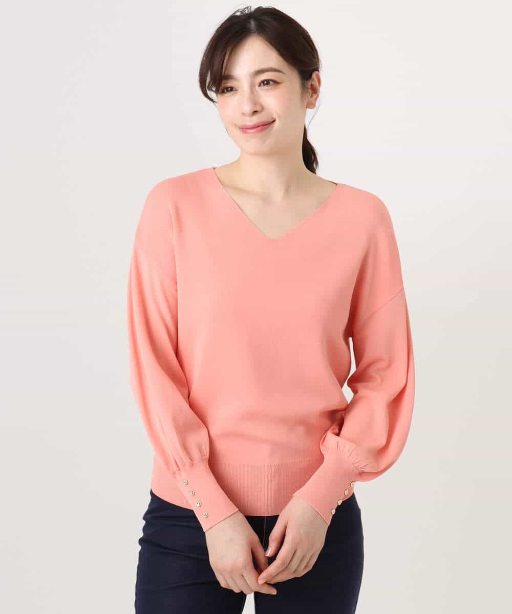 FIFGD43054 OFUON le MK(オフオン　ル　エムケー) ハイゲージVネックニット/接触冷感/UVカット/洗える/WEB限定サイズあり サーモンオレンジ