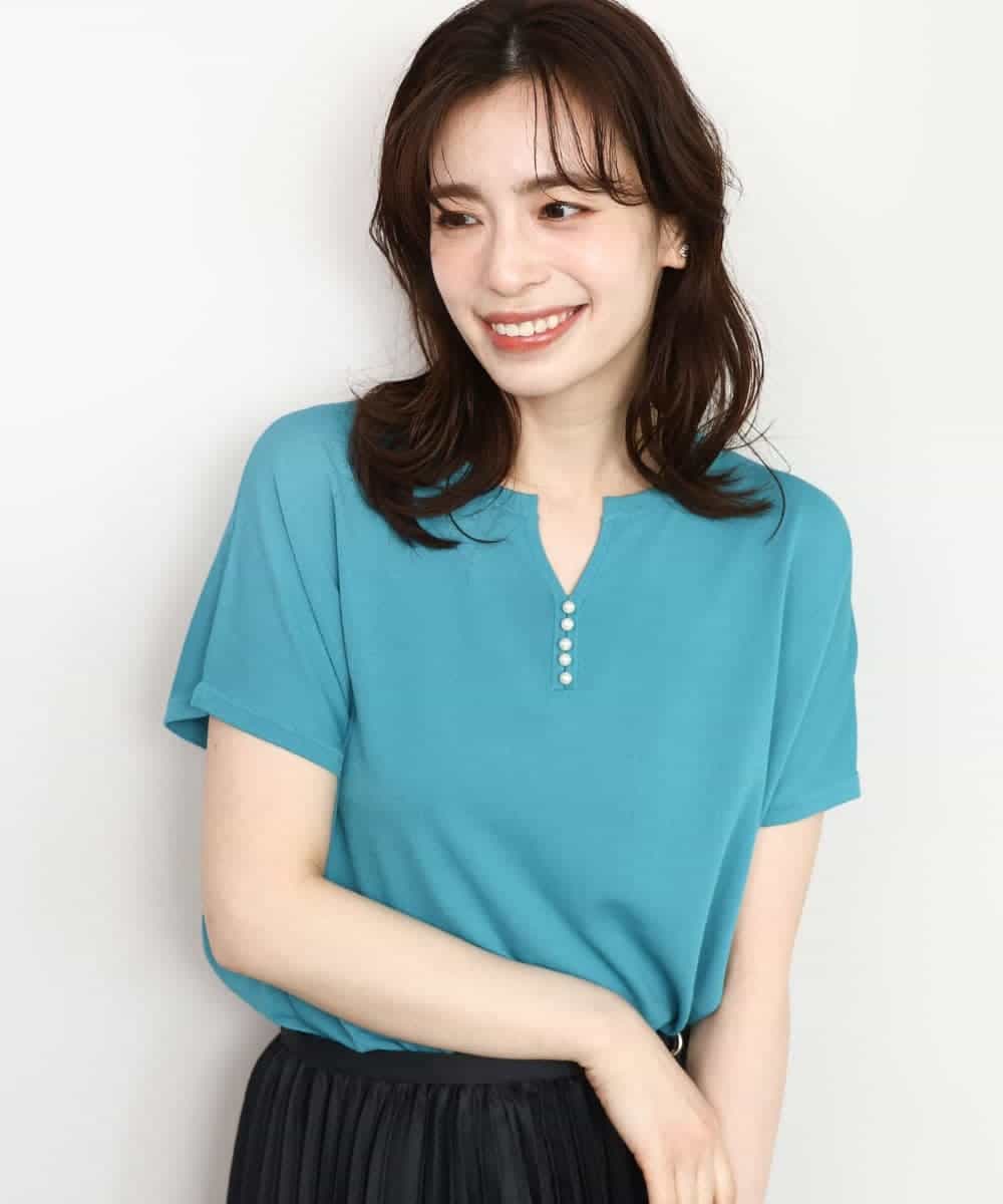 FIFHD30070 OFUON le MK(オフオン　ル　エムケー) ハイゲージパール付きキーネックニット/接触冷感/UVカット/洗える/WEB限定サイズあり ブルーグリーン