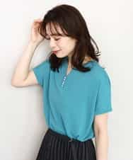 FIFHD30070 OFUON le MK(オフオン　ル　エムケー) ハイゲージパール付きキーネックニット/接触冷感/UVカット/洗える/WEB限定サイズあり ブルーグリーン