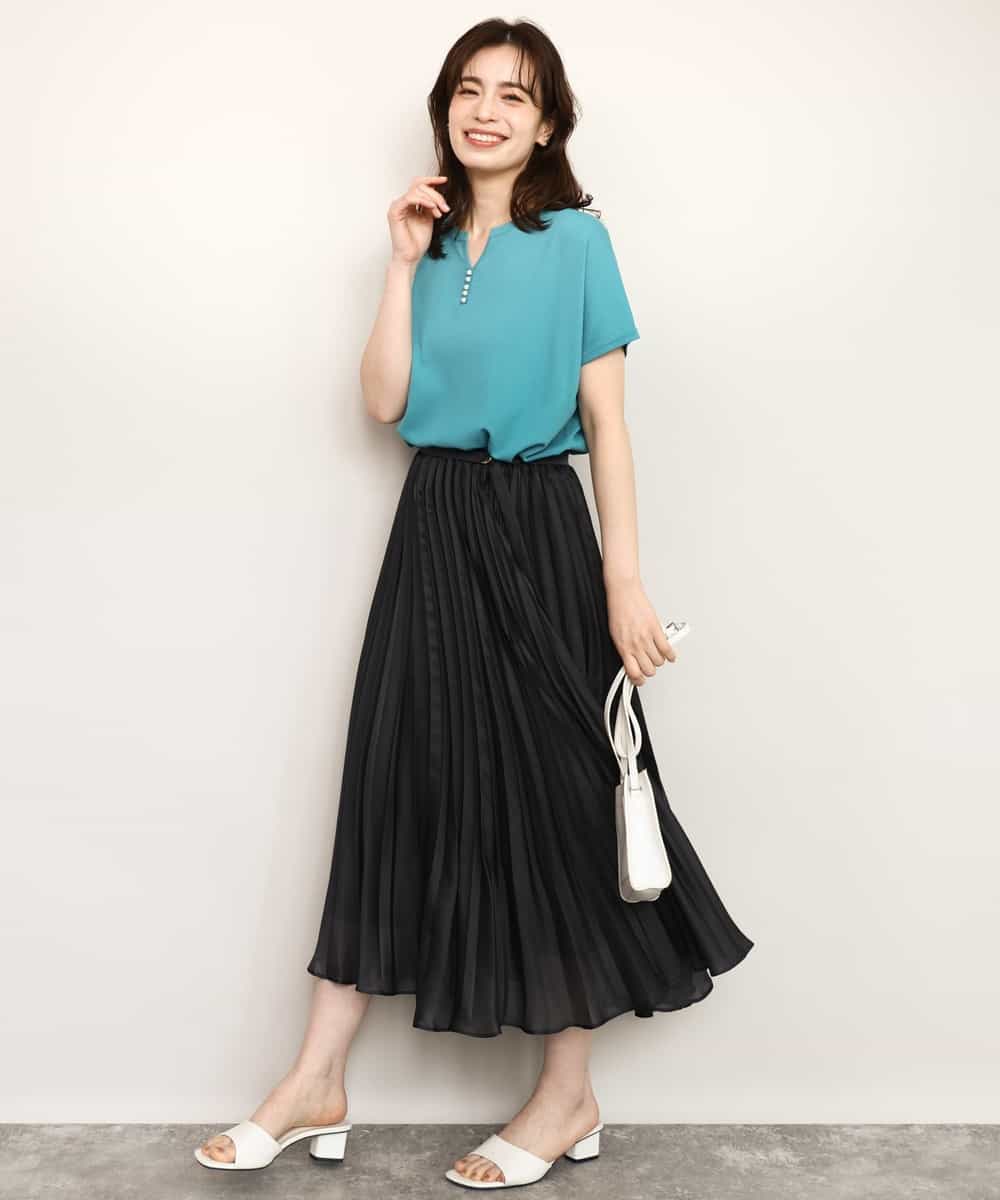 FIFHD30070 OFUON le MK(オフオン　ル　エムケー) ハイゲージパール付きキーネックニット/接触冷感/UVカット/洗える/WEB限定サイズあり ブルーグリーン