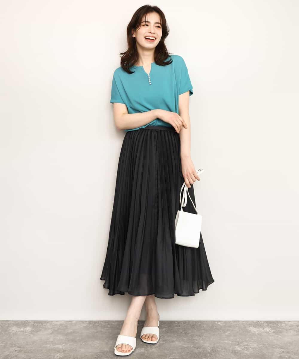 FIFHD30070 OFUON le MK(オフオン　ル　エムケー) ハイゲージパール付きキーネックニット/接触冷感/UVカット/洗える/WEB限定サイズあり ブルーグリーン