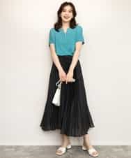 FIFHD30070 OFUON le MK(オフオン　ル　エムケー) ハイゲージパール付きキーネックニット/接触冷感/UVカット/洗える/WEB限定サイズあり ブルーグリーン