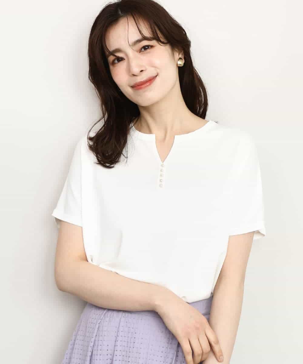 FIFHD30070 OFUON le MK(オフオン　ル　エムケー) ハイゲージパール付きキーネックニット/接触冷感/UVカット/洗える/WEB限定サイズあり ブルーグリーン