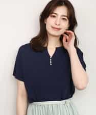 FIFHD30070 OFUON le MK(オフオン　ル　エムケー) ハイゲージパール付きキーネックニット/接触冷感/UVカット/洗える/WEB限定サイズあり ブルーグリーン