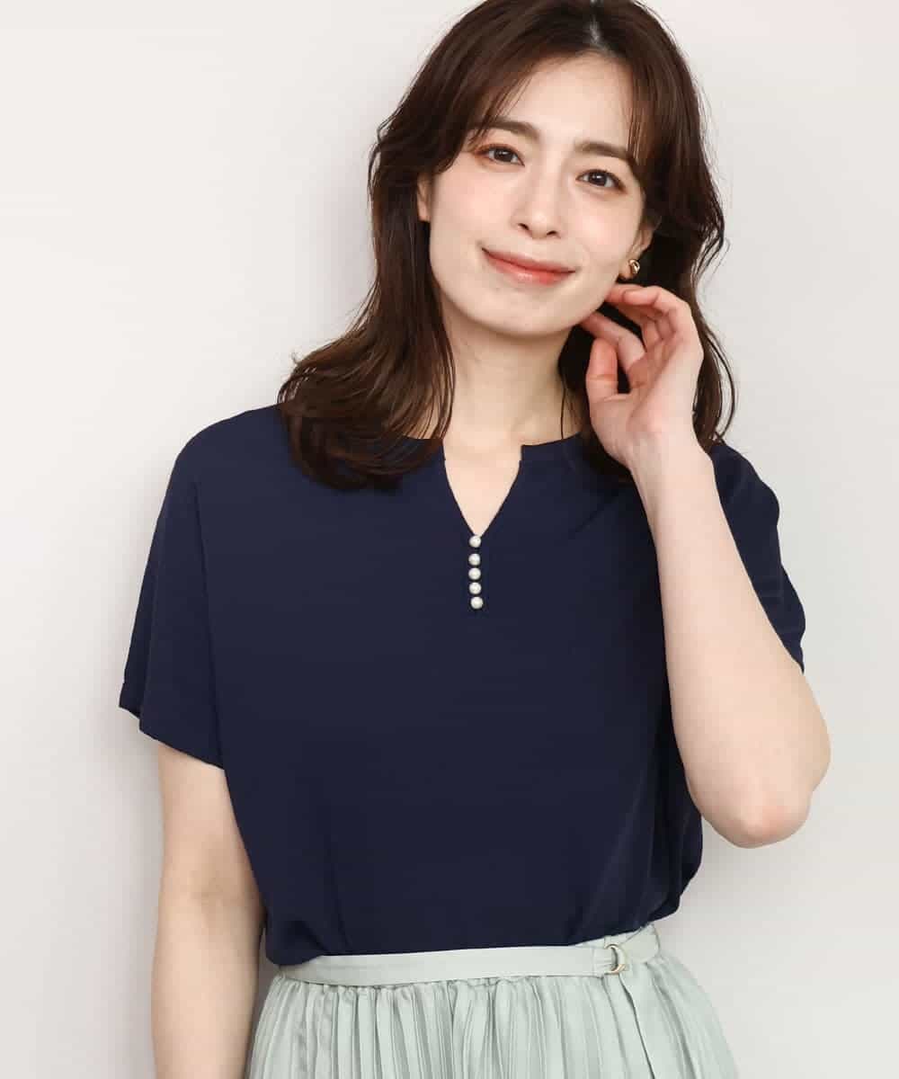 FIFHD30070 OFUON le MK(オフオン　ル　エムケー) ハイゲージパール付きキーネックニット/接触冷感/UVカット/洗える/WEB限定サイズあり ブルーグリーン