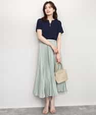 FIFHD30070 OFUON le MK(オフオン　ル　エムケー) ハイゲージパール付きキーネックニット/接触冷感/UVカット/洗える/WEB限定サイズあり ブルーグリーン