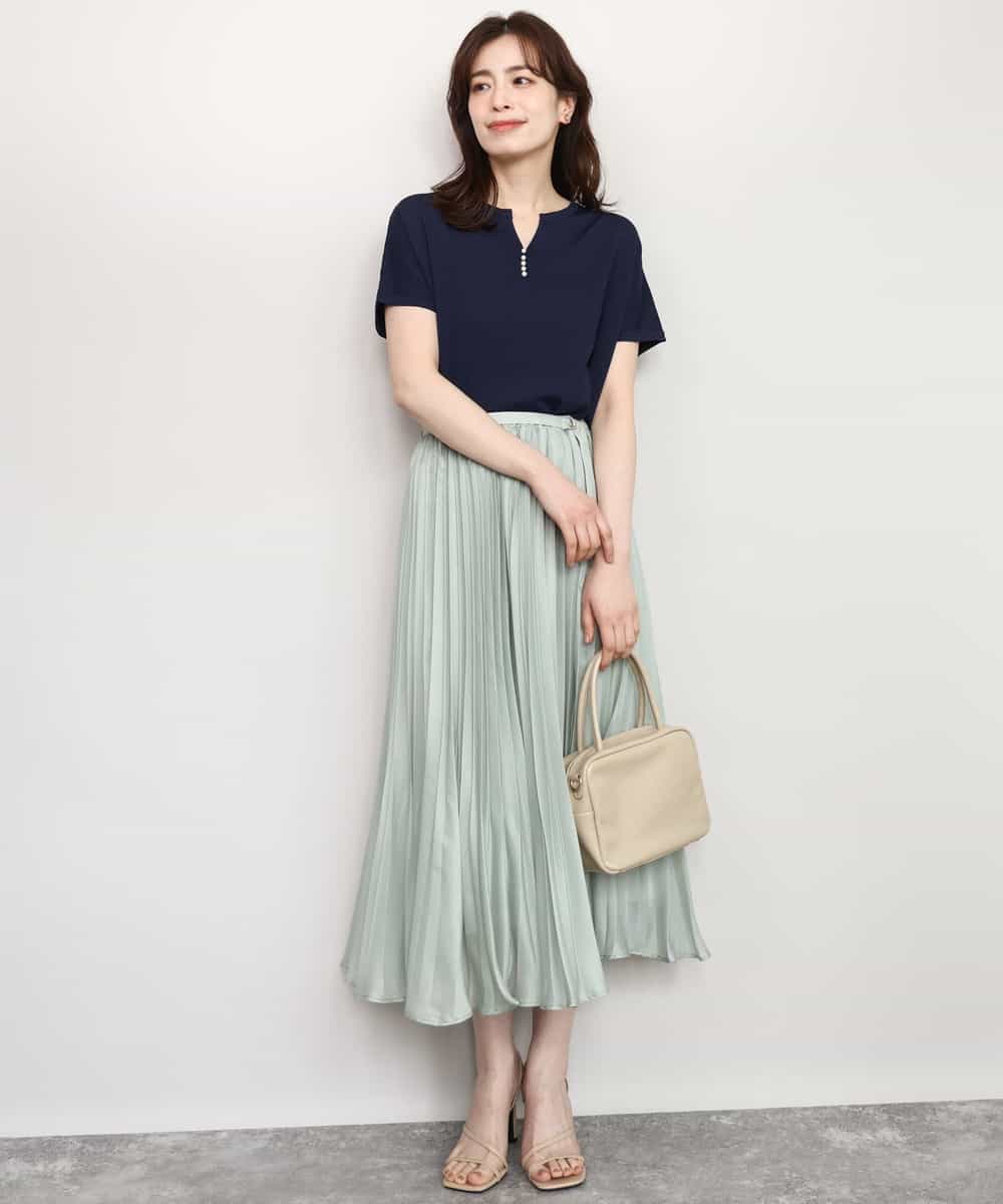 FIFHD30070 OFUON le MK(オフオン　ル　エムケー) ハイゲージパール付きキーネックニット/接触冷感/UVカット/洗える/WEB限定サイズあり ブルーグリーン