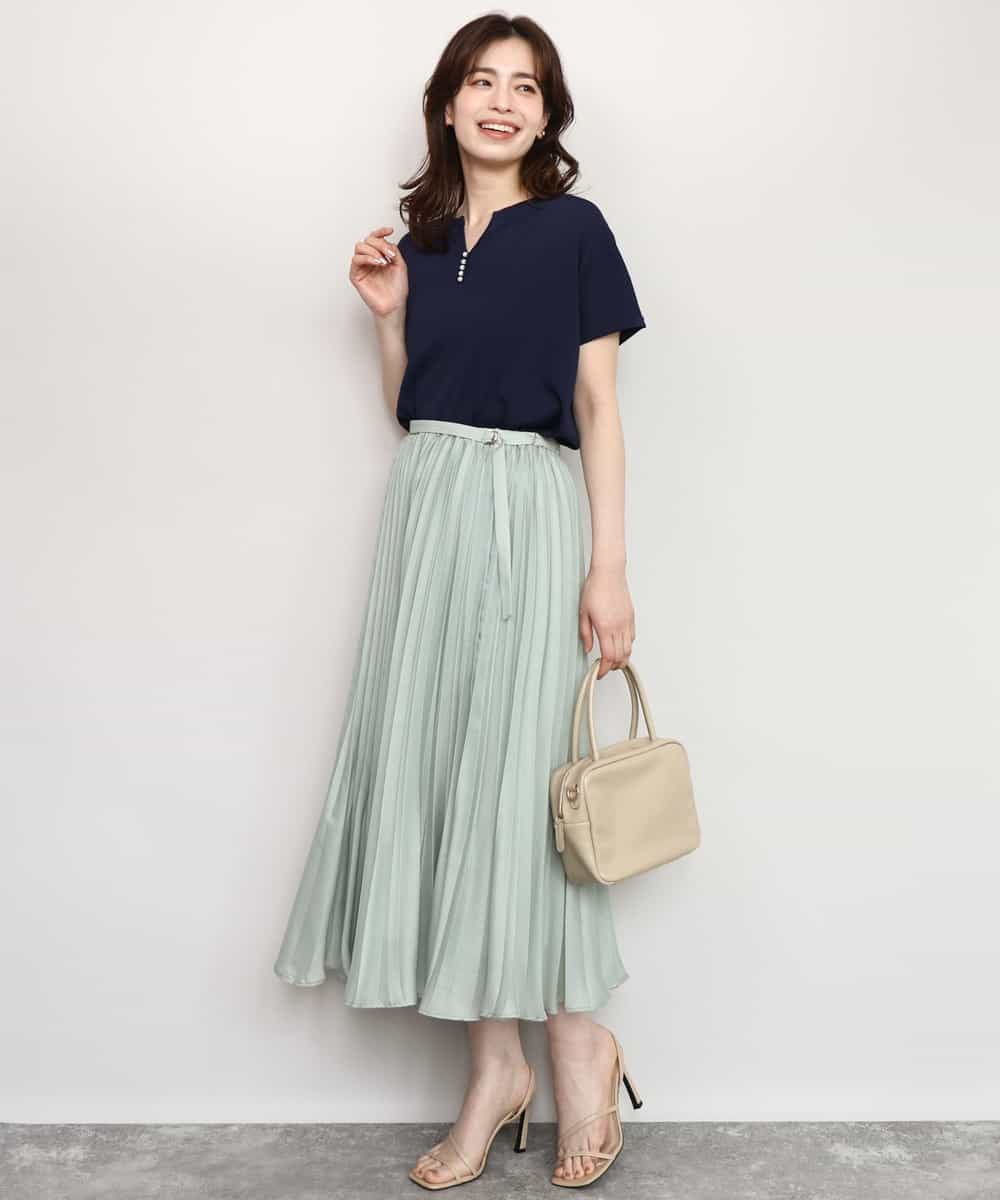 FIFHD30070 OFUON le MK(オフオン　ル　エムケー) ハイゲージパール付きキーネックニット/接触冷感/UVカット/洗える/WEB限定サイズあり ブルーグリーン