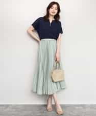 FIFHD30070 OFUON le MK(オフオン　ル　エムケー) ハイゲージパール付きキーネックニット/接触冷感/UVカット/洗える/WEB限定サイズあり ブルーグリーン