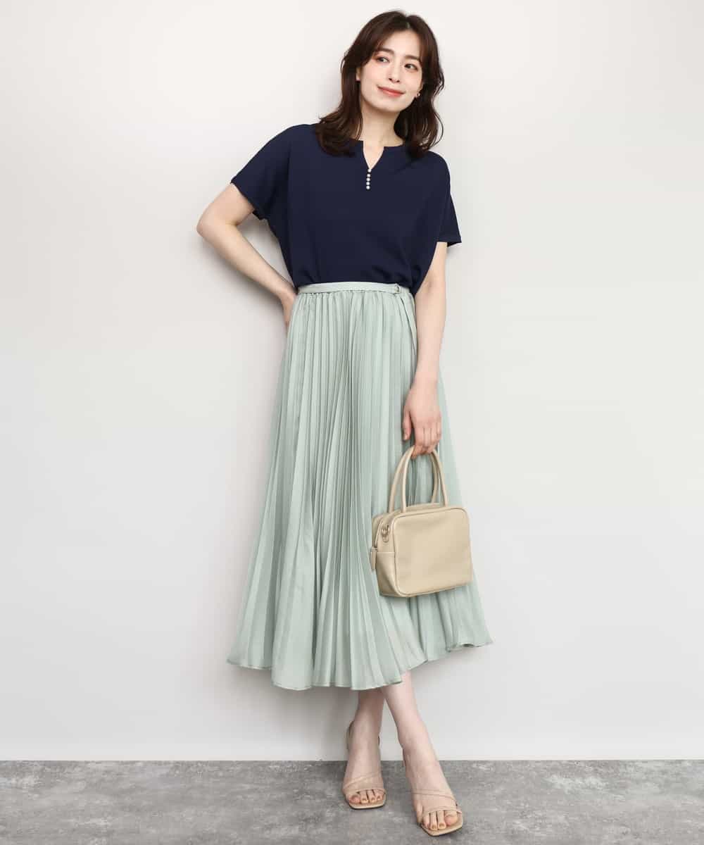 FIFHD30070 OFUON le MK(オフオン　ル　エムケー) ハイゲージパール付きキーネックニット/接触冷感/UVカット/洗える/WEB限定サイズあり ブルーグリーン