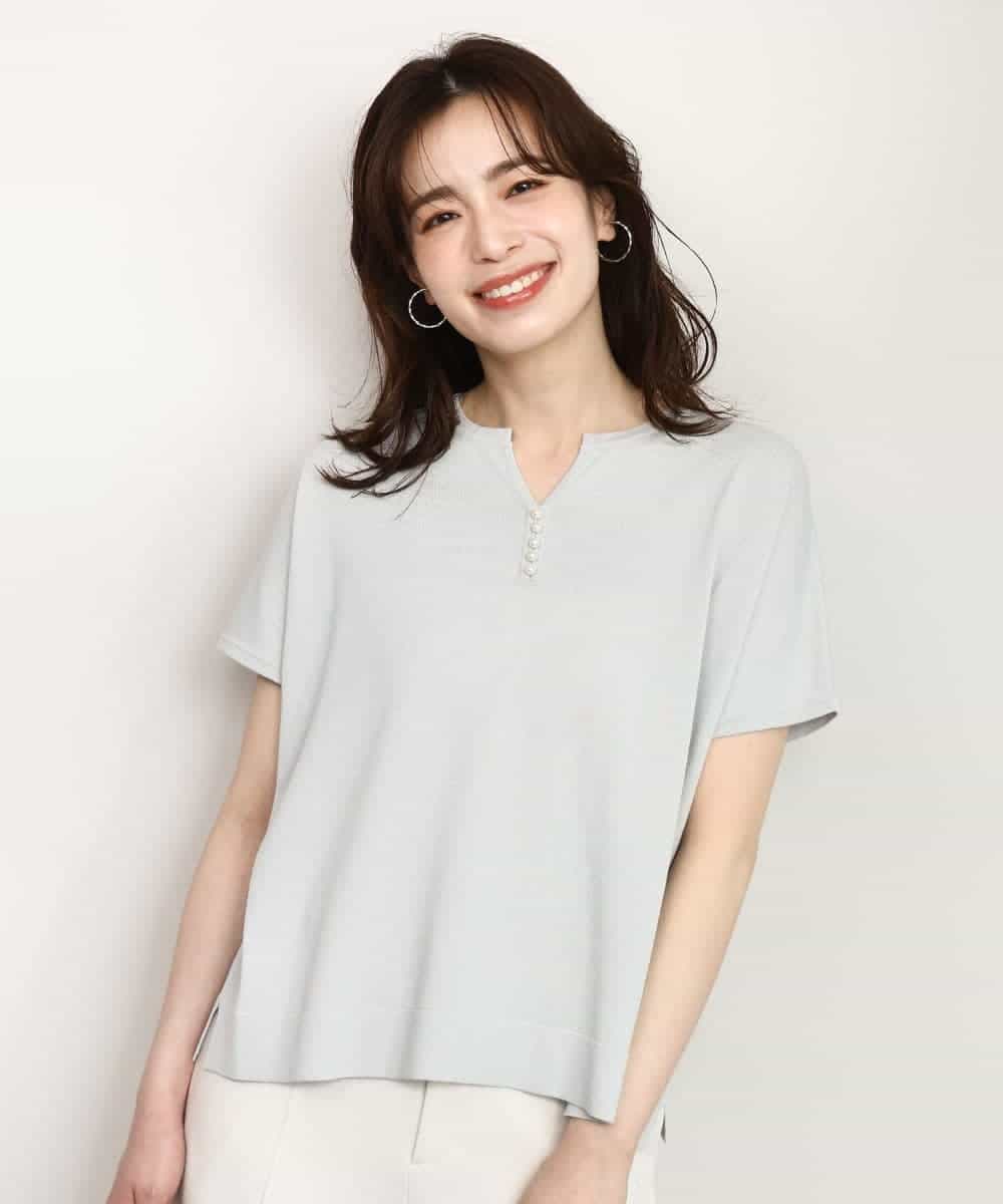 FIFHD30070 OFUON le MK(オフオン　ル　エムケー) ハイゲージパール付きキーネックニット/接触冷感/UVカット/洗える/WEB限定サイズあり ブルーグリーン