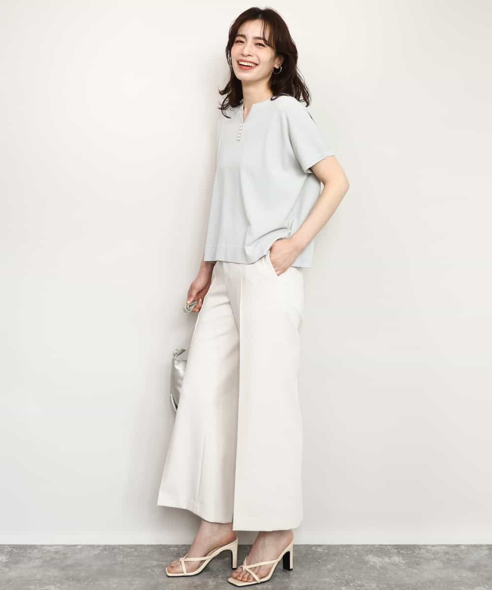 FIFHD30070 OFUON le MK(オフオン　ル　エムケー) ハイゲージパール付きキーネックニット/接触冷感/UVカット/洗える/WEB限定サイズあり ブルーグリーン