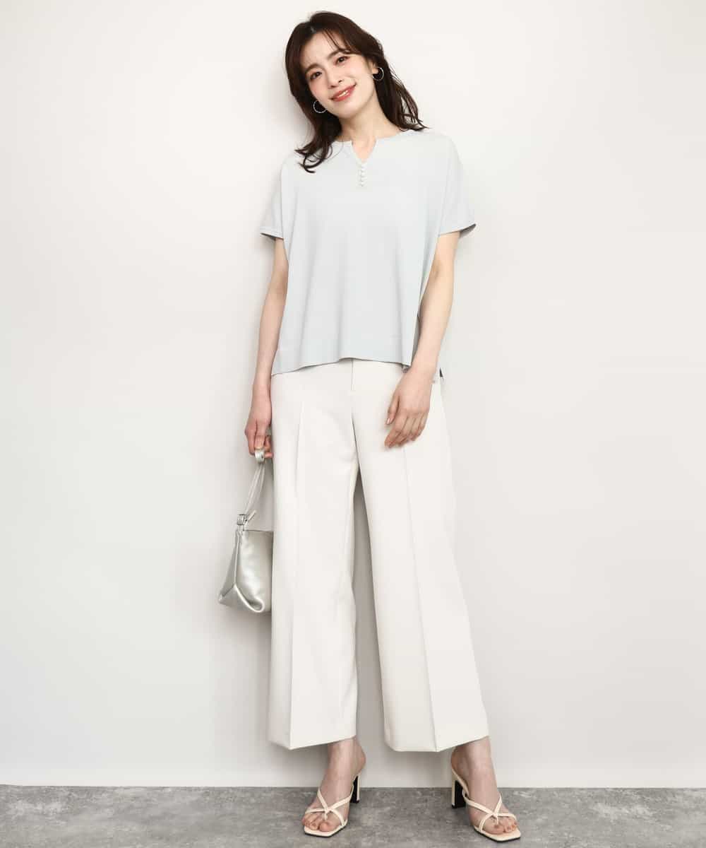 FIFHD30070 OFUON le MK(オフオン　ル　エムケー) ハイゲージパール付きキーネックニット/接触冷感/UVカット/洗える/WEB限定サイズあり ブルーグリーン