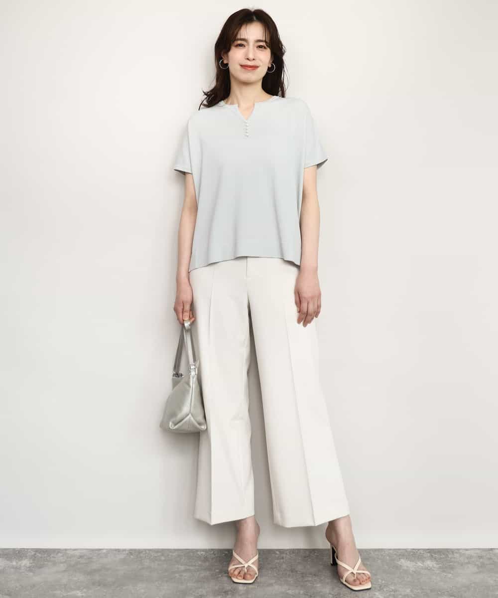 FIFHD30070 OFUON le MK(オフオン　ル　エムケー) ハイゲージパール付きキーネックニット/接触冷感/UVカット/洗える/WEB限定サイズあり ブルーグリーン