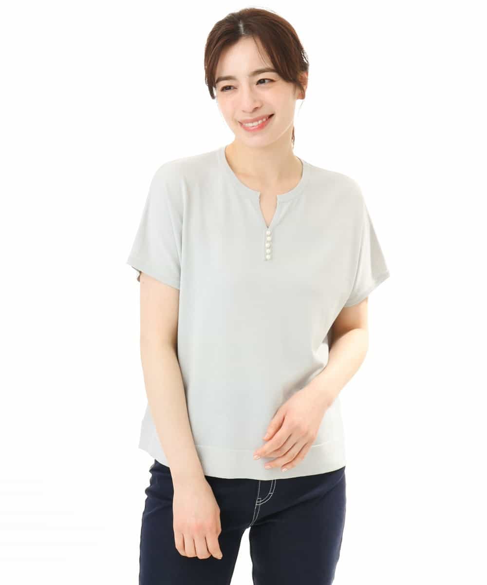 FIFHD30070 OFUON le MK(オフオン　ル　エムケー) ハイゲージパール付きキーネックニット/接触冷感/UVカット/洗える/WEB限定サイズあり ブルーグリーン