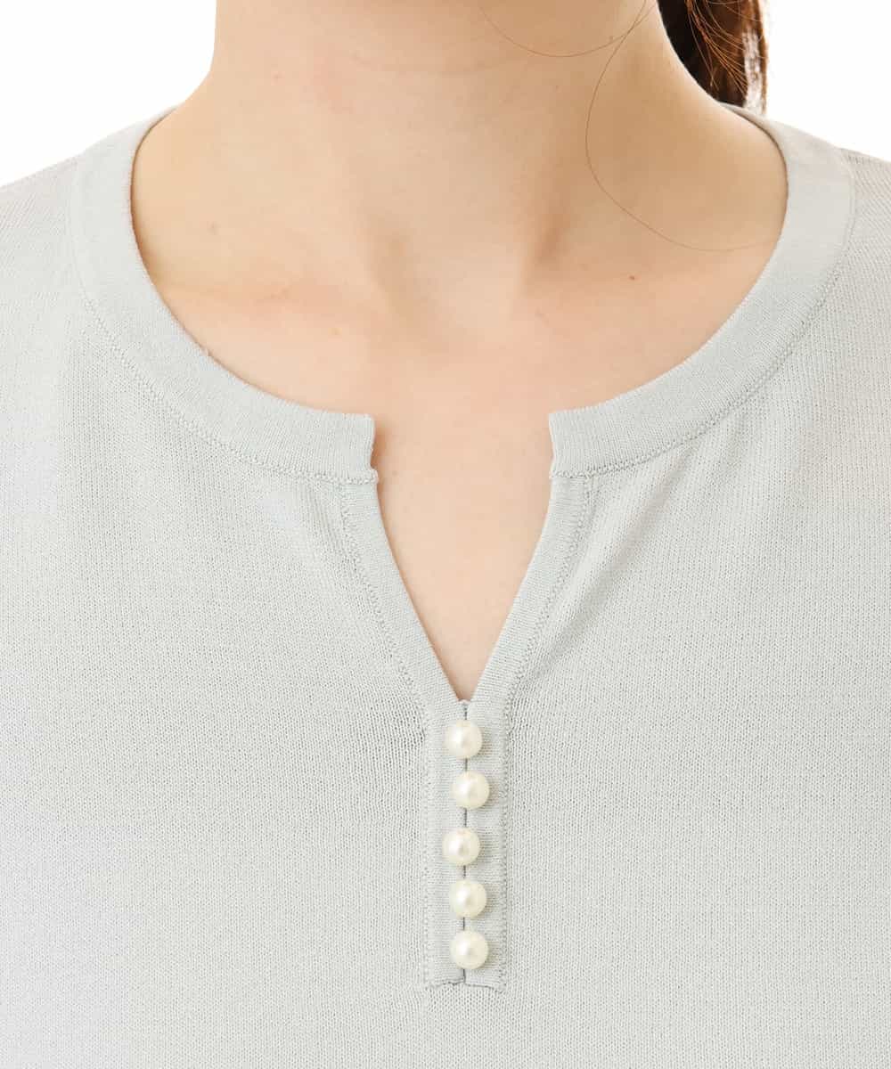 FIFHD30070 OFUON le MK(オフオン　ル　エムケー) ハイゲージパール付きキーネックニット/接触冷感/UVカット/洗える/WEB限定サイズあり ブルーグリーン