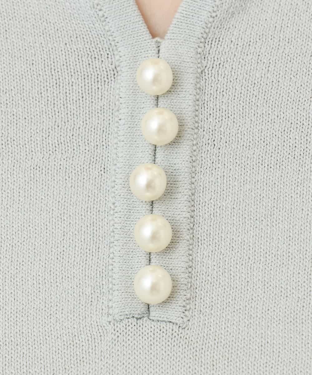 FIFHD30070 OFUON le MK(オフオン　ル　エムケー) ハイゲージパール付きキーネックニット/接触冷感/UVカット/洗える/WEB限定サイズあり ブルーグリーン