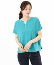 FIFHD30070 OFUON le MK(オフオン　ル　エムケー) ハイゲージパール付きキーネックニット/接触冷感/UVカット/洗える/WEB限定サイズあり ブルーグリーン