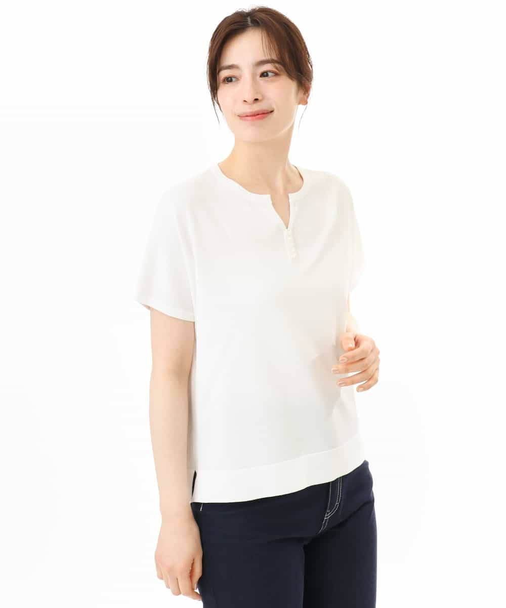 FIFHD30070 OFUON le MK(オフオン　ル　エムケー) ハイゲージパール付きキーネックニット/接触冷感/UVカット/洗える/WEB限定サイズあり ブルーグリーン