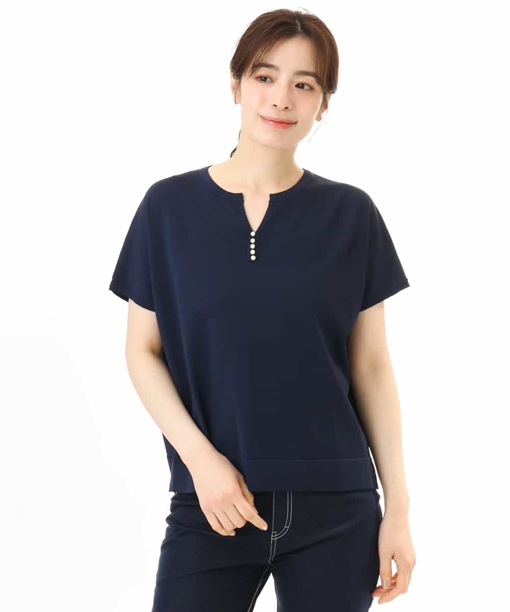 FIFHD30070 OFUON le MK(オフオン　ル　エムケー) ハイゲージパール付きキーネックニット/接触冷感/UVカット/洗える/WEB限定サイズあり ブルーグリーン