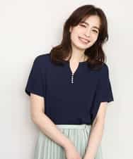 FIFHD30070 OFUON le MK(オフオン　ル　エムケー) ハイゲージパール付きキーネックニット/接触冷感/UVカット/洗える/WEB限定サイズあり ネイビー