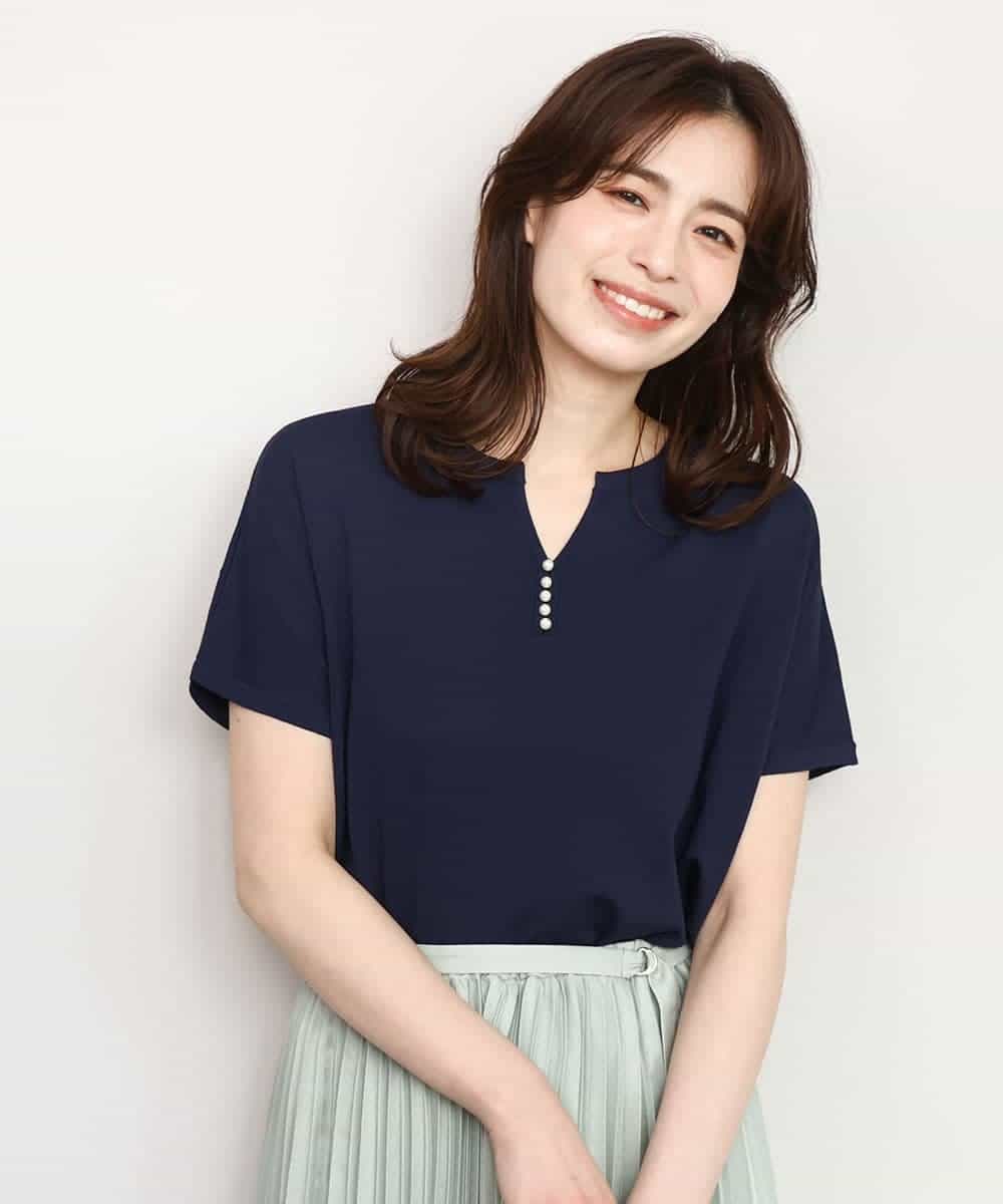 FIFHD30070 OFUON le MK(オフオン　ル　エムケー) ハイゲージパール付きキーネックニット/接触冷感/UVカット/洗える/WEB限定サイズあり ネイビー