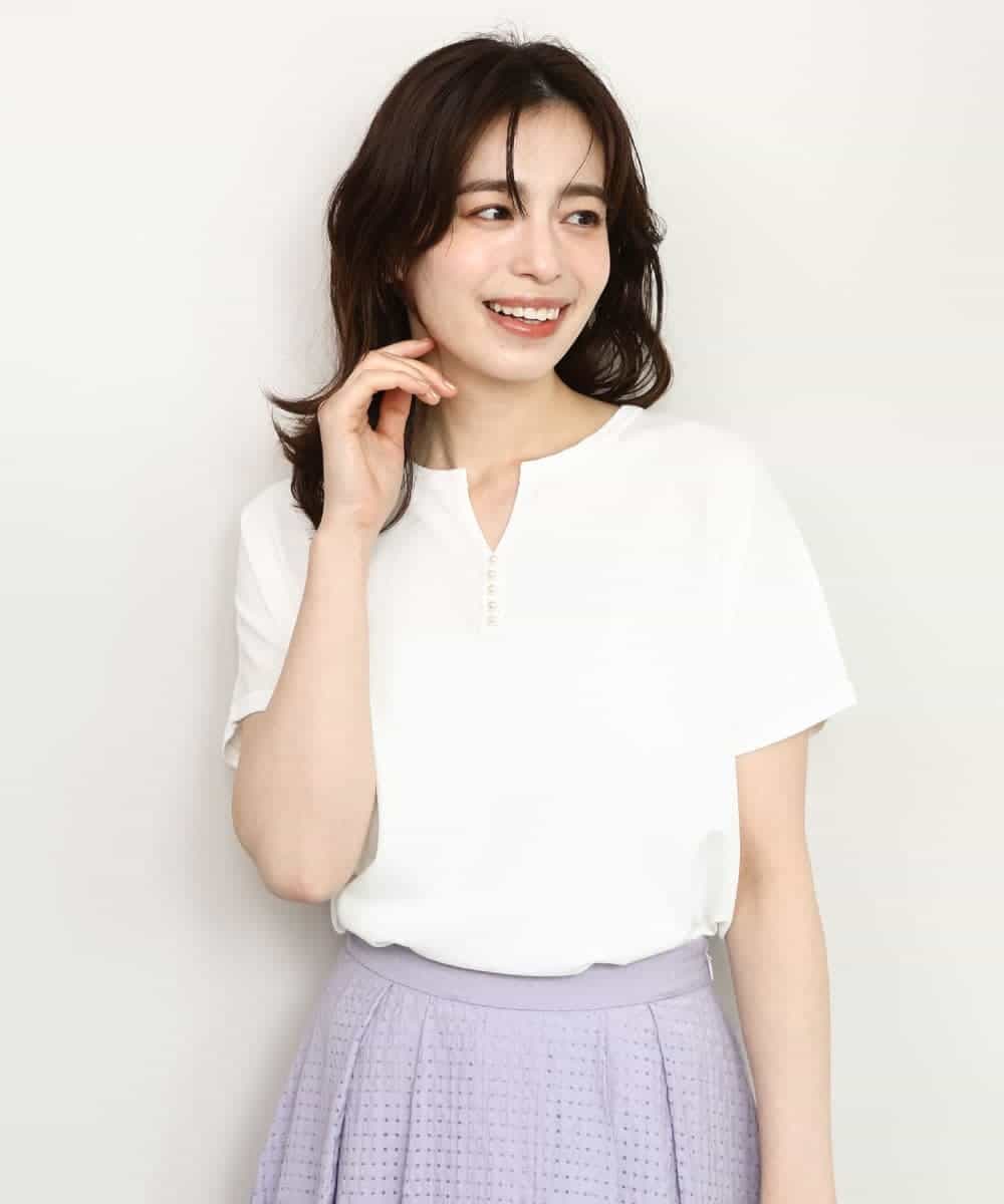 FIFHD30070 OFUON le MK(オフオン　ル　エムケー) ハイゲージパール付きキーネックニット/接触冷感/UVカット/洗える/WEB限定サイズあり ホワイト