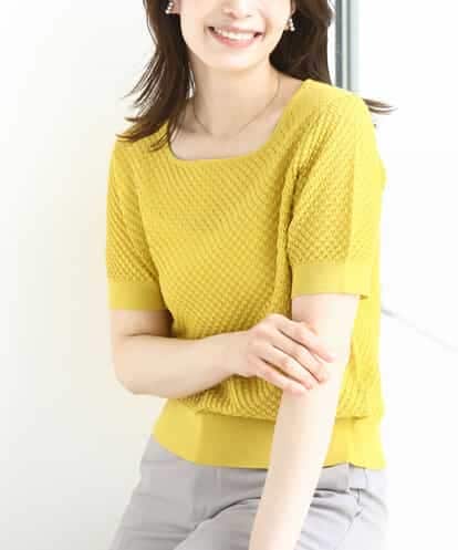 OFUON le MK(オフオン ル エムケー) レーシー編み半袖ニット/洗える/WEB限定サイズあり イエロー/黄 36